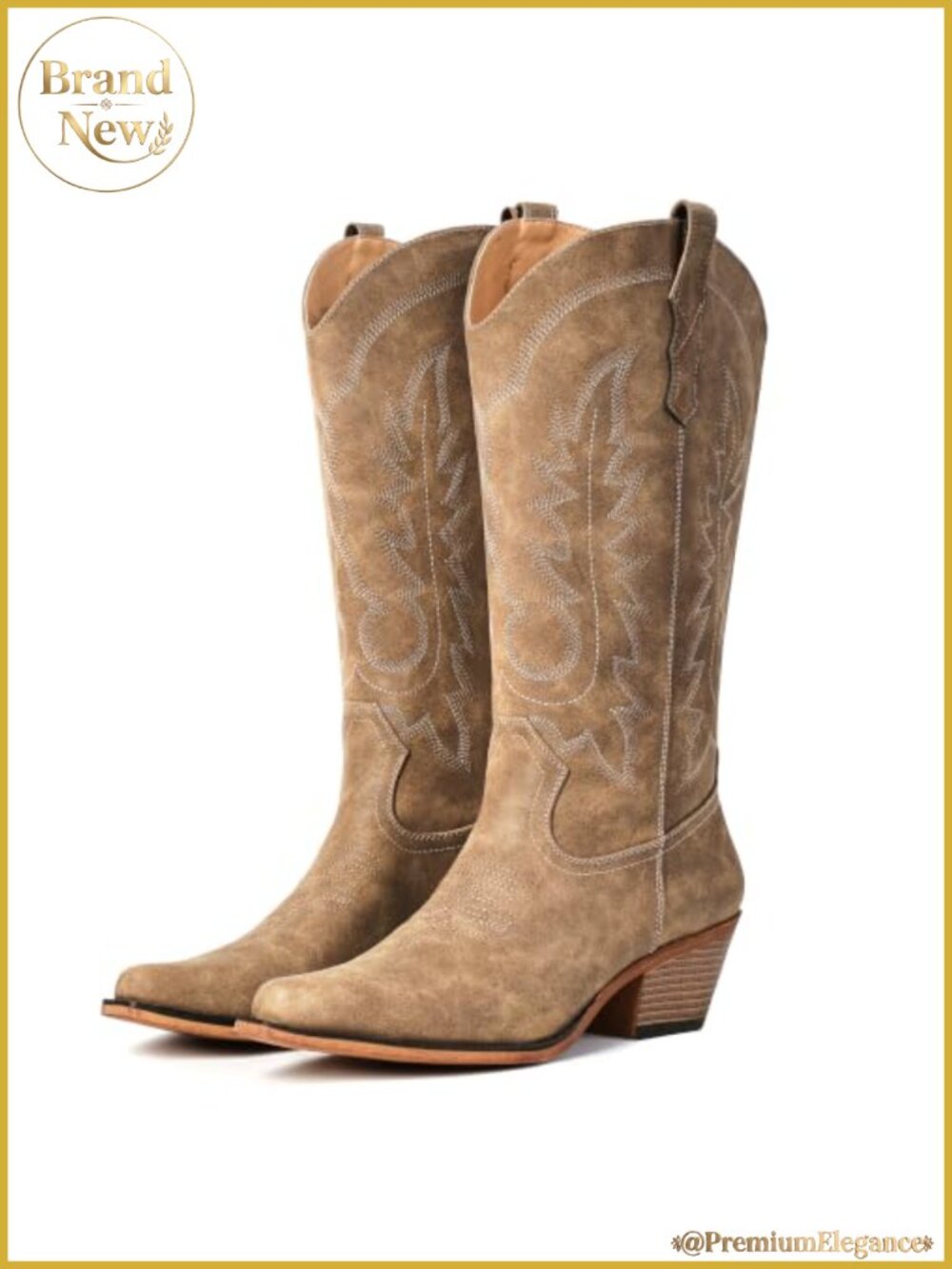 Pointed Toe Mid Calf Western Boots Chunky Heel Faux Leather